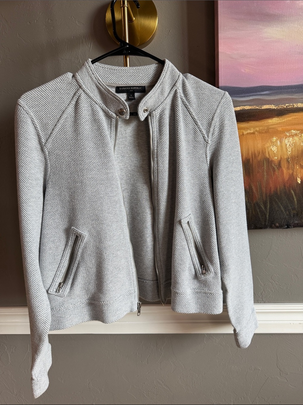 Banana Republic Light Gray Textured Knit Zip Bomber Jacket